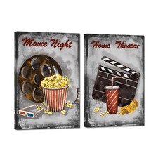 Zlove 2 Pieces Rustic Movie Theater Canvas Wall Art Old Film Reels Clapper Po...