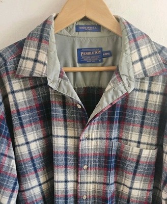 Vintage USA Made Pendleton Large LONG wool Red White & Blue Plaid Shirt In EUC