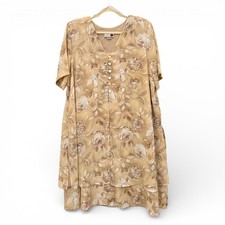 1990s Tan Floral Tiered Grannycore Plus Size Midi Dress