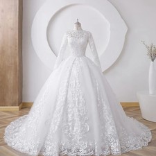 Muslim High-Neck Appliques Long Wedding DressSweep Train Exquisite Bridal Gown