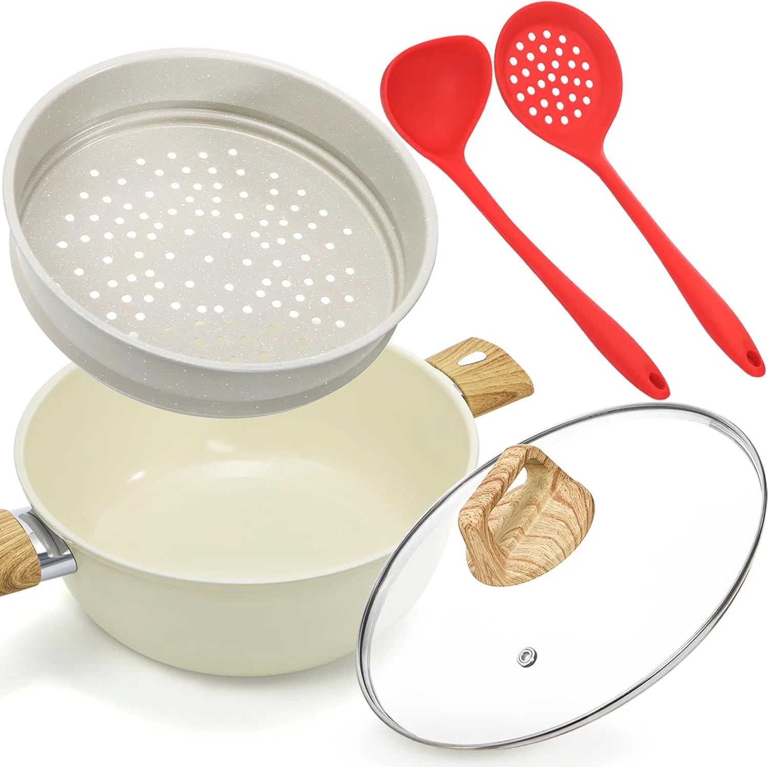 Olla ceramica 4 qt con vaporera mango madera base gas electrico induccion uso