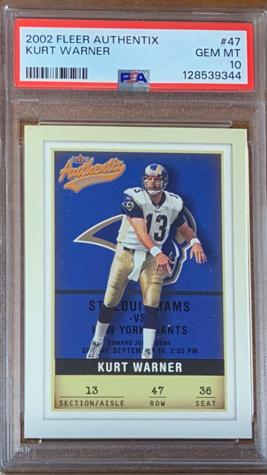 2002 Fleer Authentix Football #47 Kurt Warner St. Louis Rams PSA 10 Pop 1
