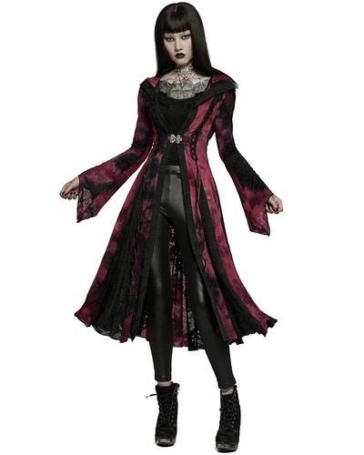 Punk Rave Womens Gothic Tie Dye Hooded Cloak Jacket - Black & Red - Picture 7 of 13