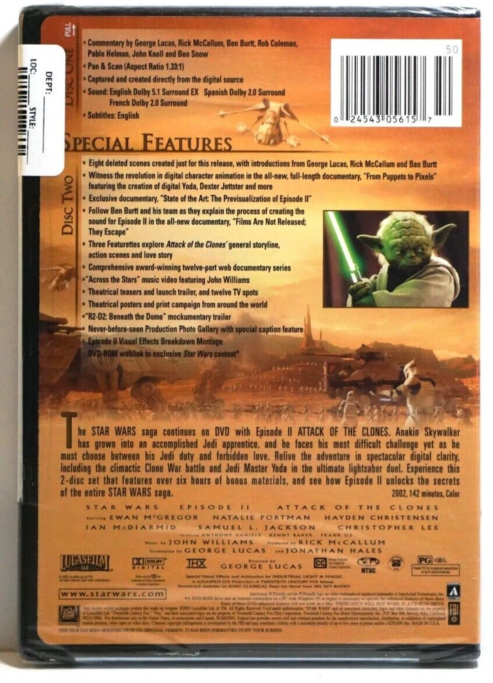 Star Wars Episode II: Attack of the Clones DVD PG 2002 2-Disc Set Full Frame NEW - image 2 of 4