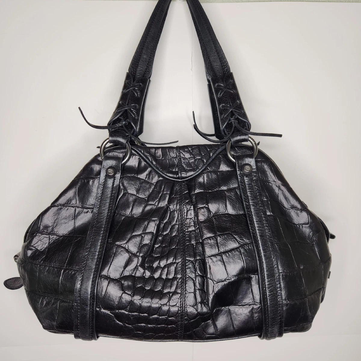 Francesco Biasia Black Leather Croc Embossed Should Bag Purse Medium Sized
