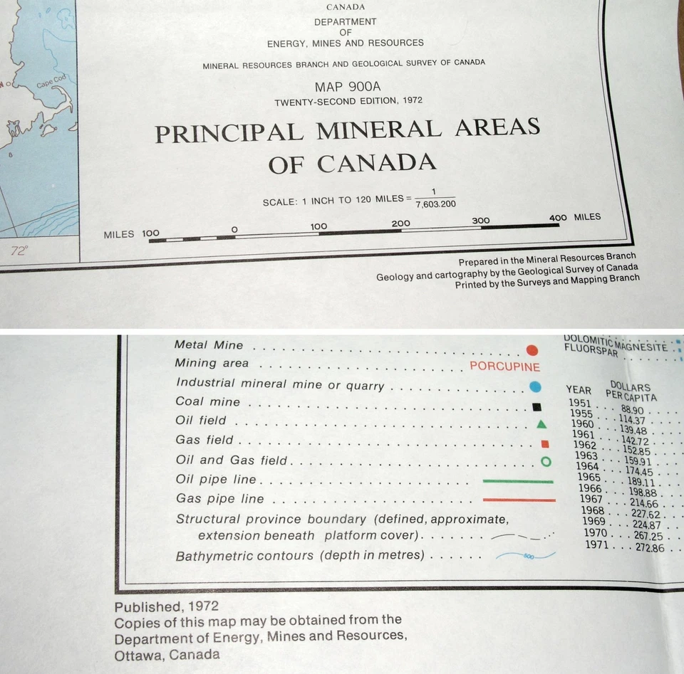 1972 БОЛЬШАЯ ВИНТАЖНАЯ КАРТА КАНАДСКИХ ПОЛЕЗНЫХ ИСКОПАЕМЫХ НЕФТЯНЫХ ГАЗОВЫХ МЕСТОРОЖДЕНИЙ УГОЛЬНЫХ ШАХТ АЛЬБЕРТЫ - Изображение 2 из 4
