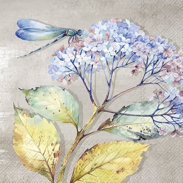 4 x Paper Napkins/3Ply/33cm/Decoupage/Autumn/Leaves/Hydrangea/Blue Dragonfly
