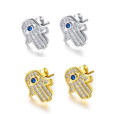 Men's Women's CZ Hamsa Hand Stud Earrings Silver Gold Punk Hip Hop Biker Jewelry