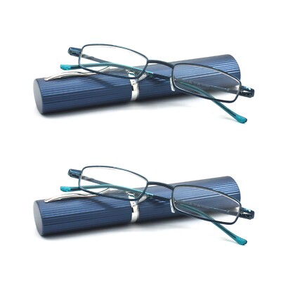 EYE ZOOM 2 Pack Slim Compact Light Tube Reading Glasses with Portable Clip Case