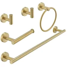 BWE 5-Piece Brushed Gold Bath Hardware Set with Towel Bar Ring Hook TP Holder