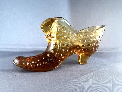 Vintage Fenton Hobnail Cat Head Amber Glass Shoe Boot Slipper