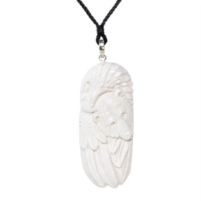 81stgeneration Carved Bone Necklace Sterling Silver Bear Eagle Tribal Pendant