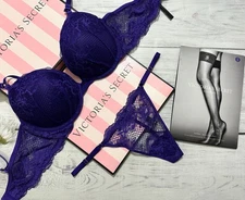 Victoria's Secret Push Up Bra 3 piece Set Fishnet Stockings Garter Purple