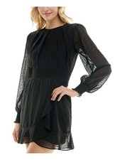 B DARLIN Womens Short Dress Black Long Sleeve Faux-wrap Skirt Back Juniors 34