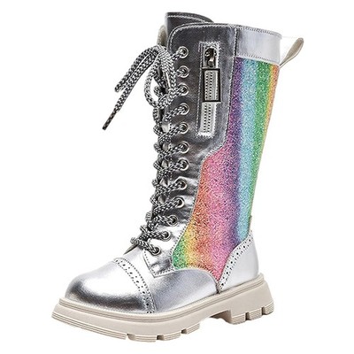 Mädchen Kniehohe Reitstiefel Glitter Mode Seitenreißverschluss Runde Zehe Par...