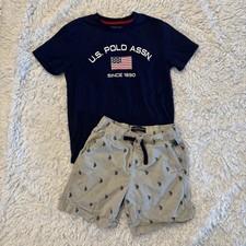 U.S. Polo Association Boys Matching Short Set 10-12 Navy Tee  Khaki Shorts Logo