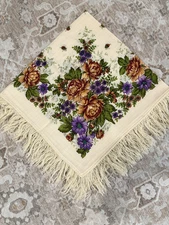 Vintage 90s 1990s Russian Pavlovo Posad Fringe Scarf Wrap Shawl Wool 36" x 36"