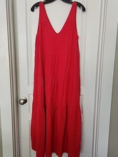 QUINCE 100% Organic Cotton Gauze Tiered Maxi Dress Amaranth Pink Sz M 
