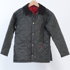 Barbour Kid's Liddesdale Quilted Olive Green Jacket Kids Size M 8-9 Red Lined