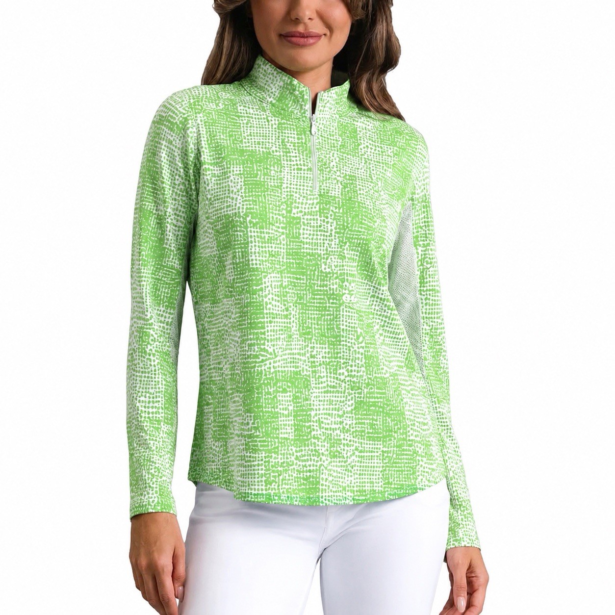 IBKUL Womens XL Long Sleeve Quarter Zip Mock Neck Golf Shirt Green White UPF50