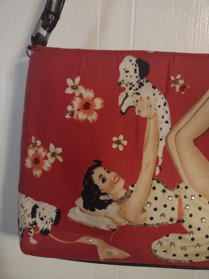 Cartera de Colección Años 60 Pin-up Fiesta Niña Perros Dálmatas Piedras de Anillo Bolso de Mano Cartera de Tela Foto 2 de 4
