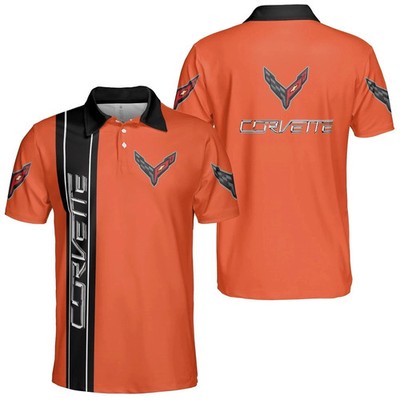 Custom Name Corvette C8 Logo 3D Orange Men's Polo Shirt S-5XL