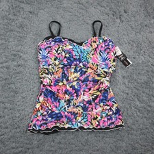 Island Escape Tankini Top Womens 16 Black Tropical Floral Ruffle Underwire NWT