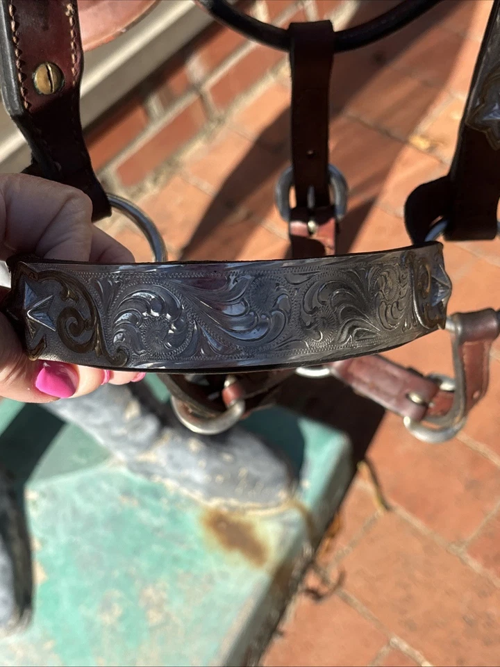 Halter de cuero para exhibición de caballos Dale Chávez con detalles plateados y dorados. Vástago incluido Foto 2 de 3