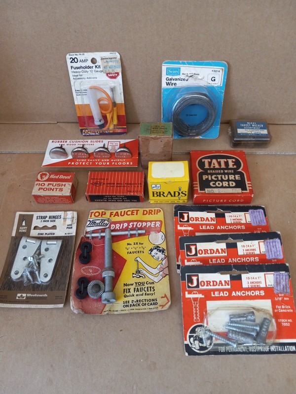 Vintage Hardware Lot NOS-Sears Wire, Woolworth Hinges,Jordan Lead Anchors & More