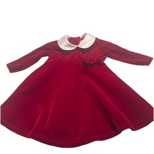 Baby Girl Red Velvet Long Sleeve Christmas Dress Sz. 12M White Collar-Rose