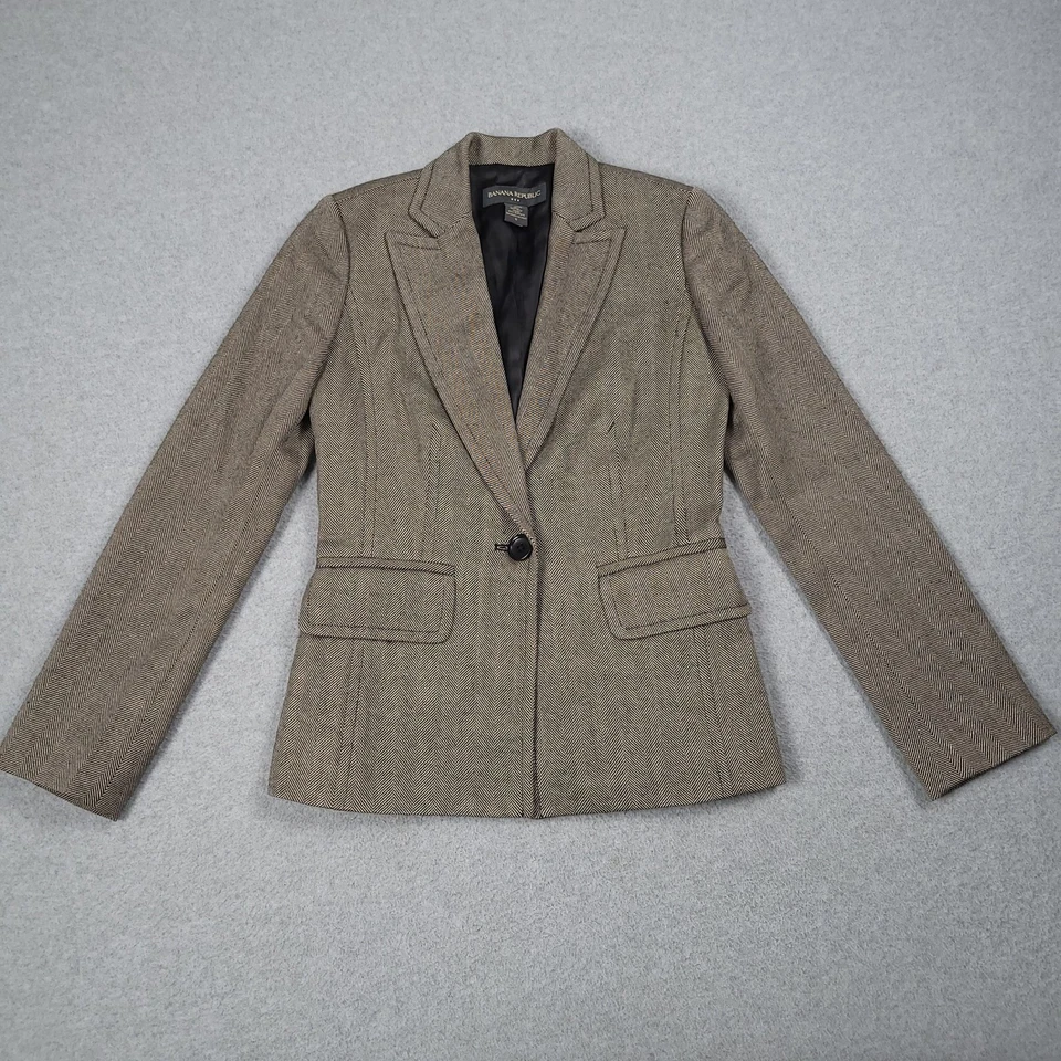Blazer Banana Republic Mujer 0 Negro Beige Lana Espiga Traje Chaqueta Carrera Foto 2 de 4