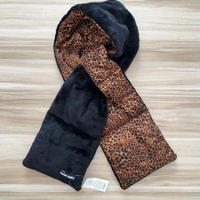 Lands' End Womens Puffer Scarf Leopard Print Satin Black Fleece Pull Through NEW