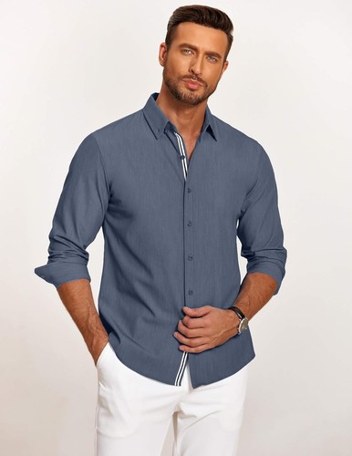 Mens Casual Button Down Shirt Untucked Long Sleeve Stretch Denim Dress Shirt - Picture 20 of 83