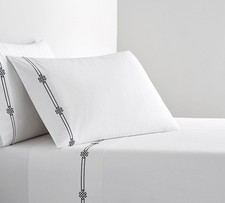 NEW Pottery Barn Emilia Embroidered Organic cotton Sheet 4pc SET KING White Blue