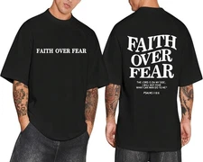 Christian Faith Over Fear T-Shirt for Men Jesus Religious Double-side T-Shirt