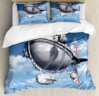 Aviation Duvet Cover Set with Pillow Shams Sea Flying Cloudy Sky Print