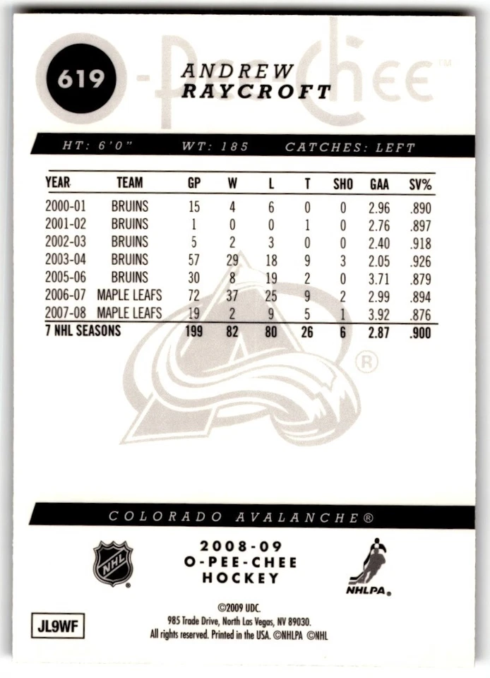 Andrew Raycroft 2008-09 O-Pee-Chee Metal #619 Colorado Avalanche - Image 2 of 2
