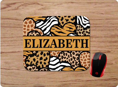 PERSONALIZED W/ NAME - ANIMAL PRINT HEARTS - CUSTOM MOUSE PAD DESK MAT - NONSLIP