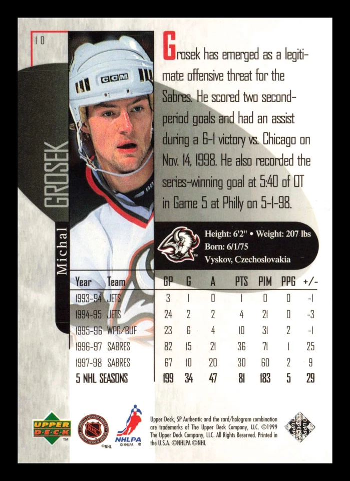 Michal Grosek #10 1998-99 SP Authentic Buffalo Sabres Hockey - Image 2 of 2