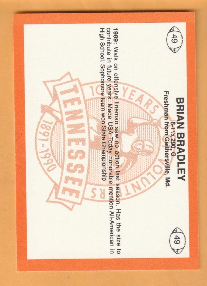 Brian Bradley Tennessee Volunteers 1990 Card #49 Gaithersville Maryland 12Z - Image 2 of 2