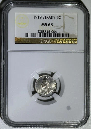 Straits Settlements 1919 Silver Coin 5 Cents Pre Malaysia Choice BU NGC MS 63
