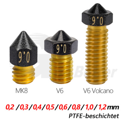 PTFE-beschichtet Düse 0,2-1,2mm Extruder Nozzle 3D Drucker V6 MK8 Volcano Hotend