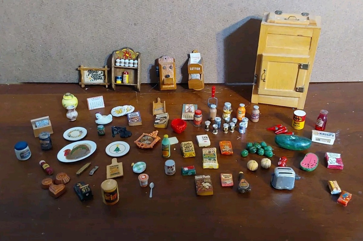 Vintage Dollhouse Furniture Kitchen Icebox Shelf Phone Misc Food - Main Image