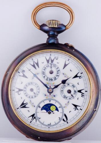 Antique Pocket Watch MOON PHASE Full Calendar for Ottoman Turkish Market c1890's - Afbeelding 1 van 7