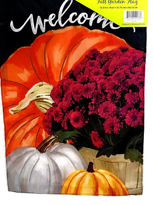 Fall Garden Welcome Flag 12'' x18'' Fall Flowers Pumpkins Applique Flag Meadow C..