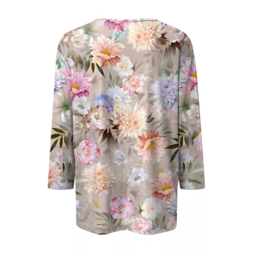 3/4 Length Sleeve Womens Tops Casual Loose Fit V-neck Shirts Floral Tunic Tops - Picture 10 of 51