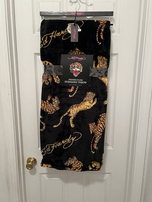 Ed Hardy Plush Oversized Throw Blanket Black Tiger Animal Print Black 60X70 NWT