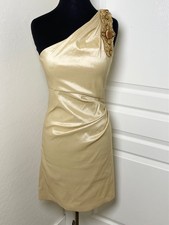 BADGLEY MISCHKA Vintage Gold Shimmer Champagne Embellished One Shoulder Dress 6