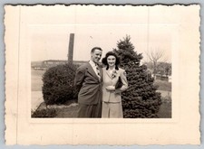 Vtg B&W Snapshot Smiling Couple By Tree Stylish Suits 1949
