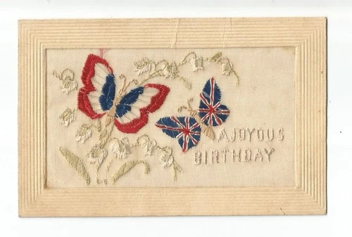 SILK WOVEN - A JOYOUS BIRTHDAY - WW1  POSTCARD - MILITARY